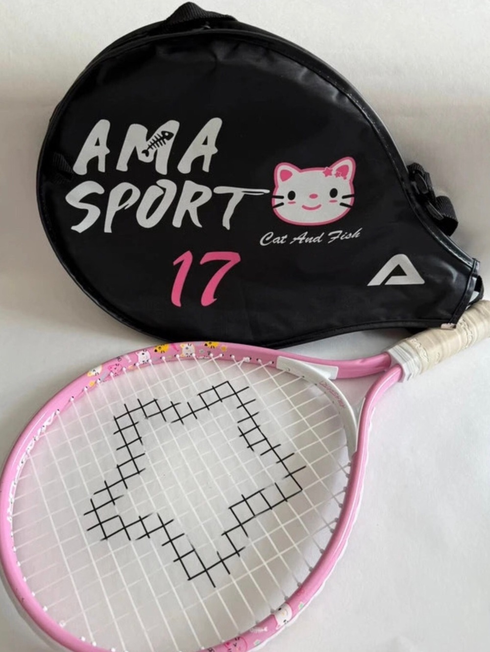 🎾 💕AMA Sport 17" Cat & Fish Pink Junior Tennis Racket + Cover